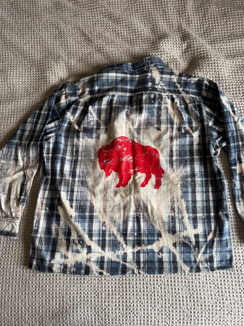 Men's Blue Plaid Acid Washed Button-Down Shirt with Red Buffalo Print